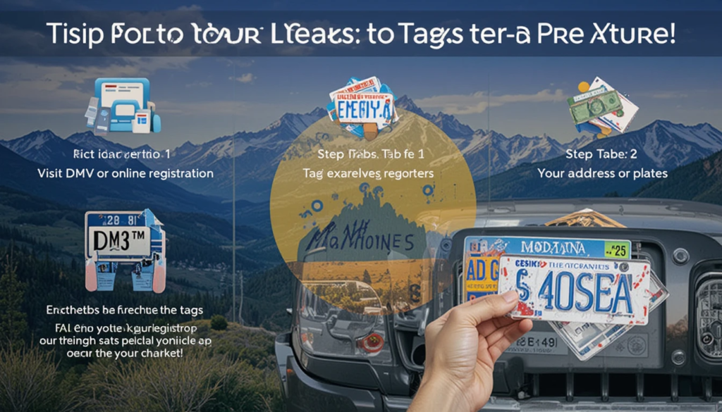 A step-by-step infographic showing the process of getting license plate tabs in Montana, with each step visually represented:
Step 1: Registering Your Vehicle – An icon of a vehicle and DMV registration form. Label: “Visit DMV or online registration.”
Step 2: Pay Fees – A payment icon with credit cards and cash. Label: “Pay required registration fees.”
Step 3: Receive Tabs – A set of license plate tabs being handed over or mailed. Label: “Tabs sent to your address or picked up.”
Step 4: Attach Tabs to Plates – A close-up of a hand attaching the tab to a license plate. Label: “Attach the current year tab to your plate.”
Step 5: Display Your Tabs – A completed license plate with attached tabs on a car. Label: “Your vehicle is now legally registered!”
Use Montana-specific visuals like the Montana state flag or mountain background to give the image a localized feel.